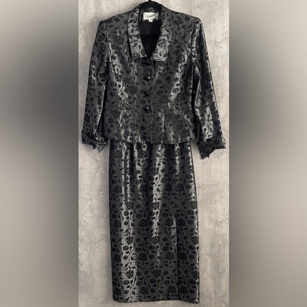 Arnold SCAASI Designer Womens 2pc GrayBlk Jacket  JacquardFloral Long Skirt Sz 4